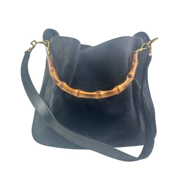 Gucci Vintage Black Suede Shoulder Bag with Bamboo Handle - Picture 1 of 8